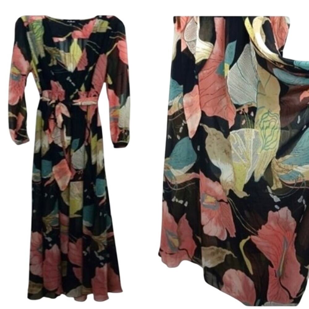 Anthropologie Aakaa Formal Maxi Dress Sz Small BLACK PINK Floral Wedding Elegant - Picture 7 of 15